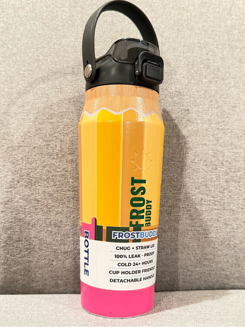 FrostBuddy Insulated Water Bottle — Pencil Style Tumbler Yellow & Pink